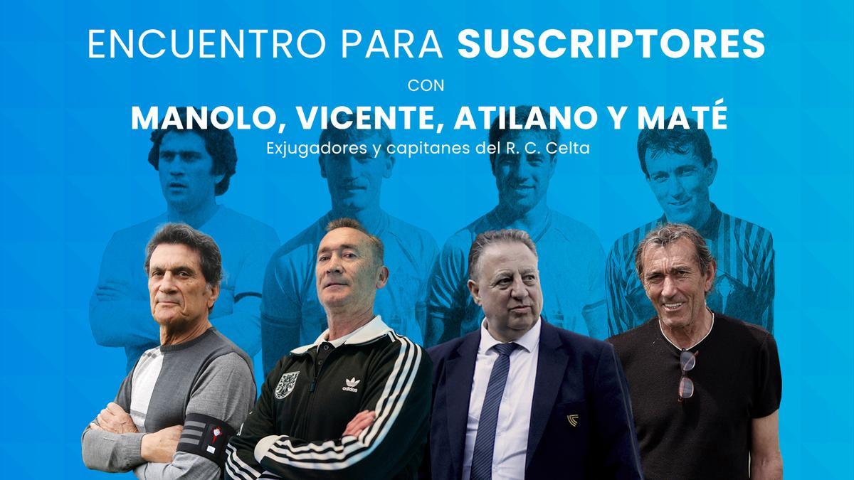 Los exjugadores y capitanes del R. C. Celta, Manolo, Vicente, Atilano y Maté, en el próximo encuentro con los suscriptores de FARO