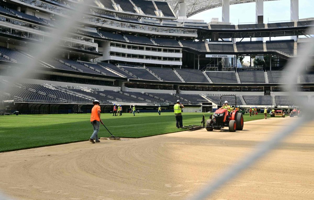 Los trabajadores instalan césped en el campo en el SoFi Stadium en Inglewood, California, antes de su cambio de nombre temporal al Estadio de Los Ángeles para la Copa del Mundo el 13 de mayo de 2026.