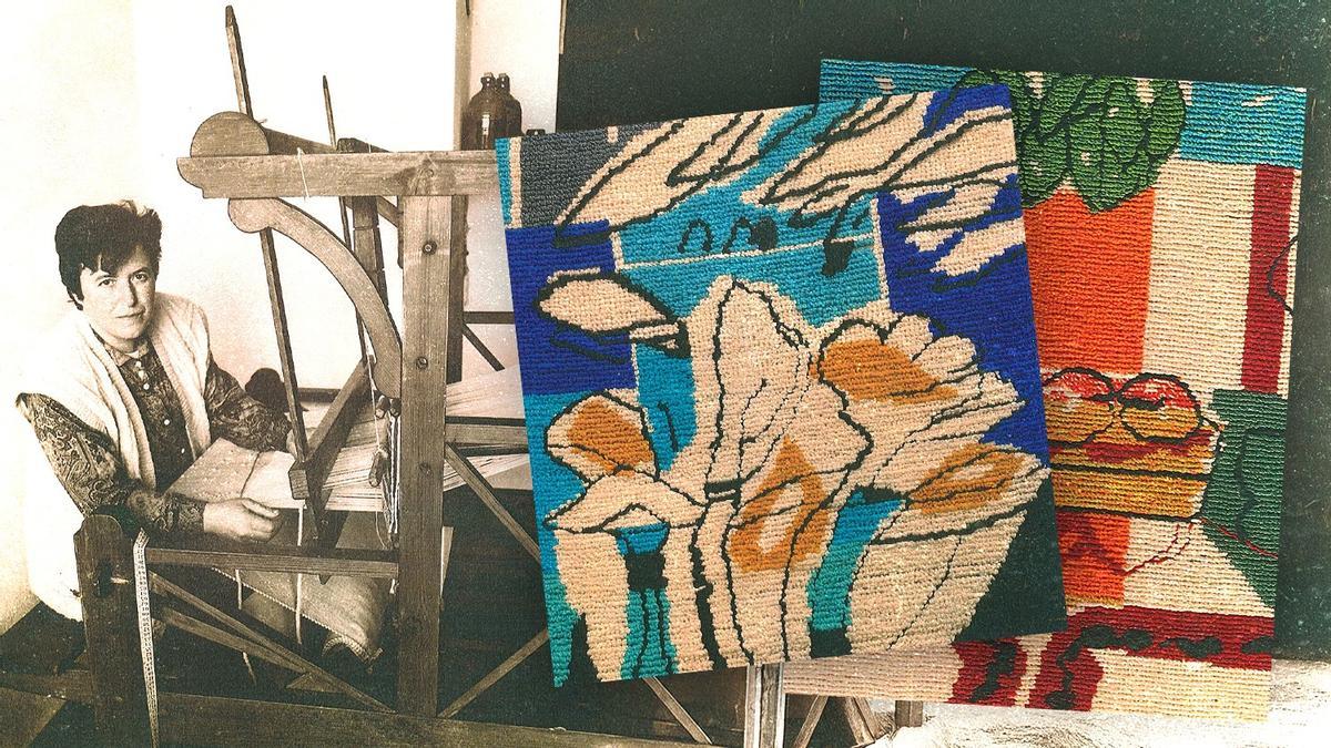 Imagen antigua de Pilar Quintana con dos de los tapices que se podrán ver.