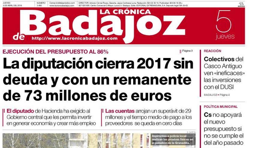 Esta es la portada de LA CRÓNICA DE BADAJOZ correspondiente al día 5 de abril del 2018