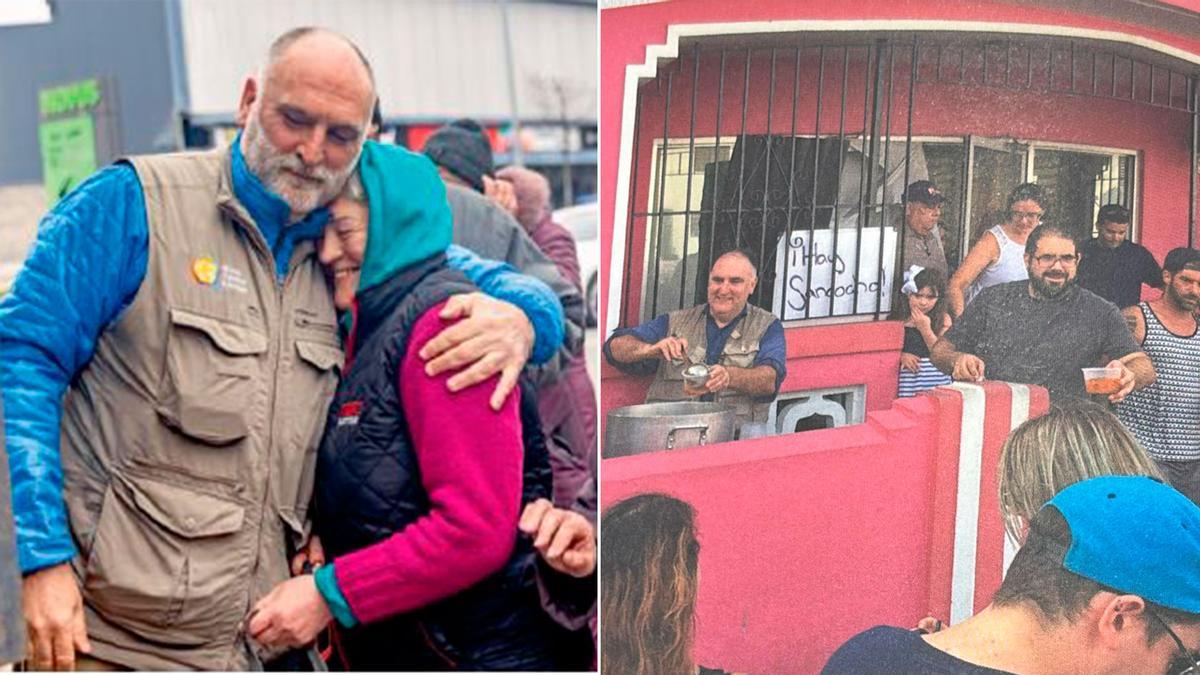 José Andrés, en dos momentos de su labor humanitaria.