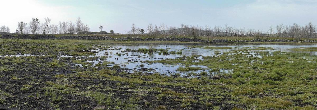 La laguna, cuando se seca, deja ver la muralla.