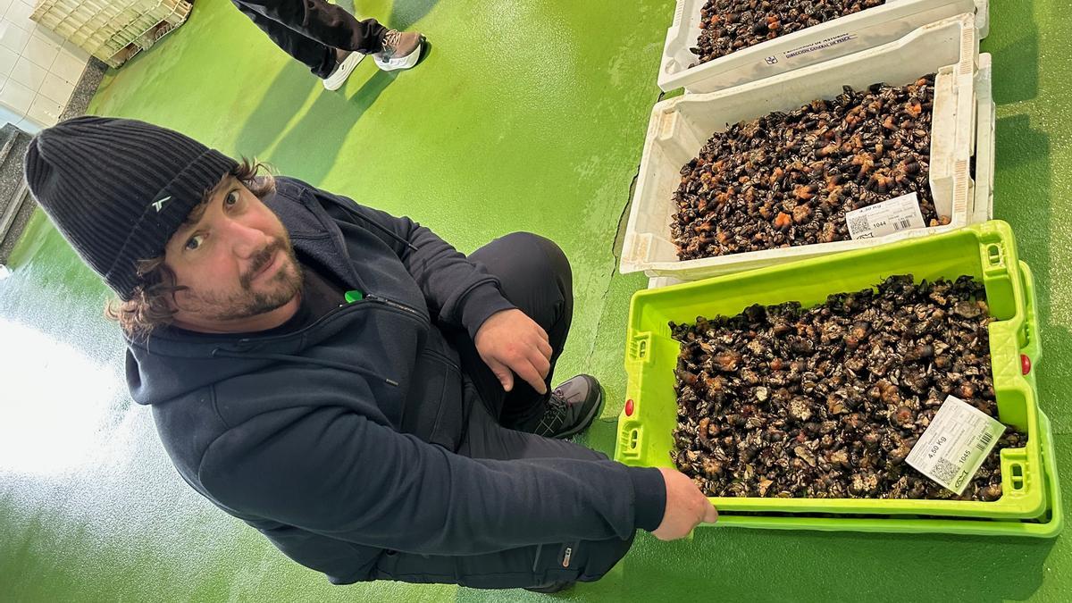 Simón González durante la subasta de percebes de Puerto de Vega.