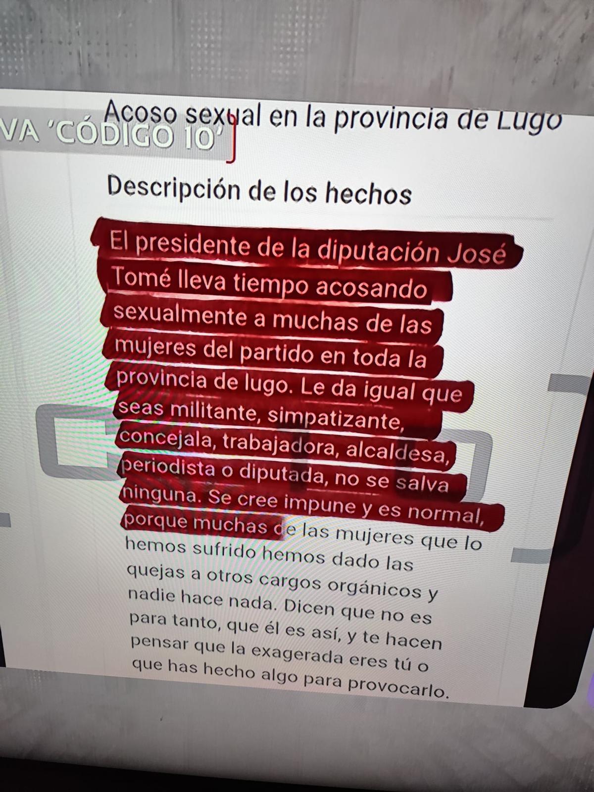 Extractos de la denuncia revelada por el programa «Código 10»