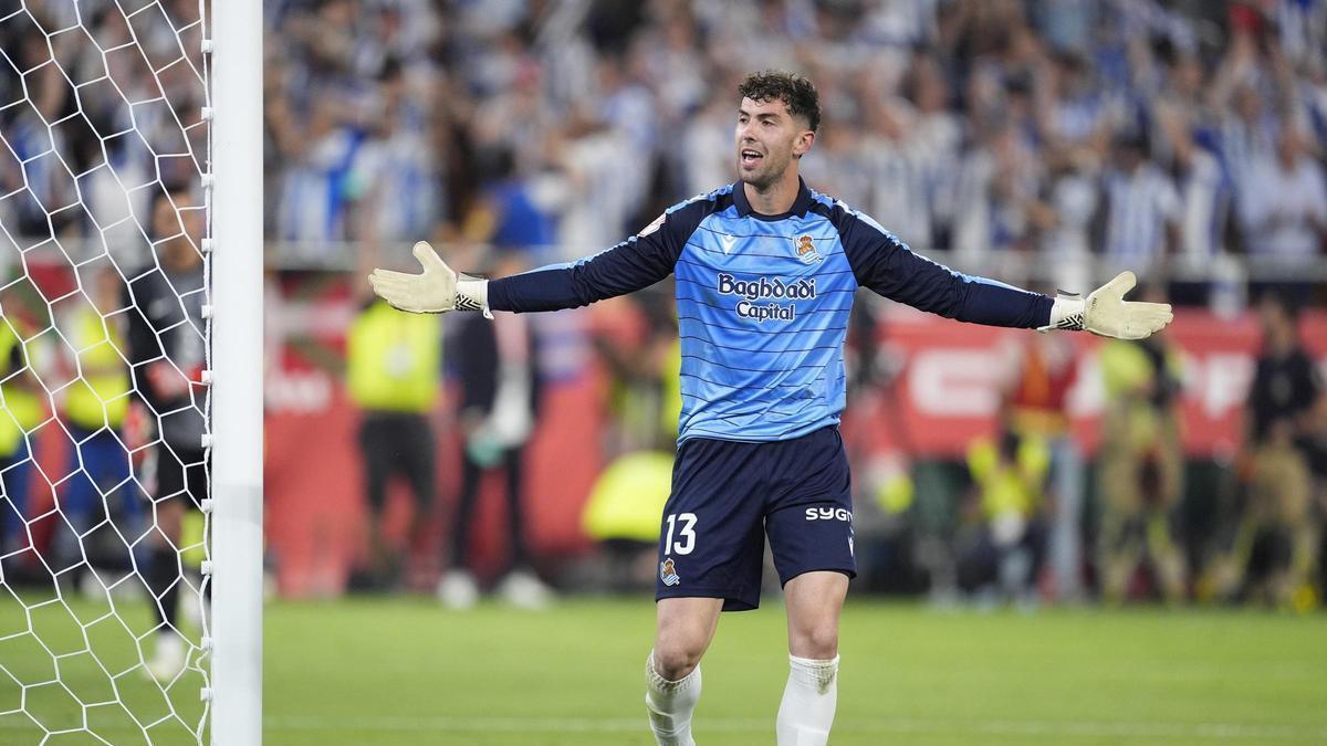 Unai Marrero, portero de la Real Sociedad, durante la final de La Cartuja.
