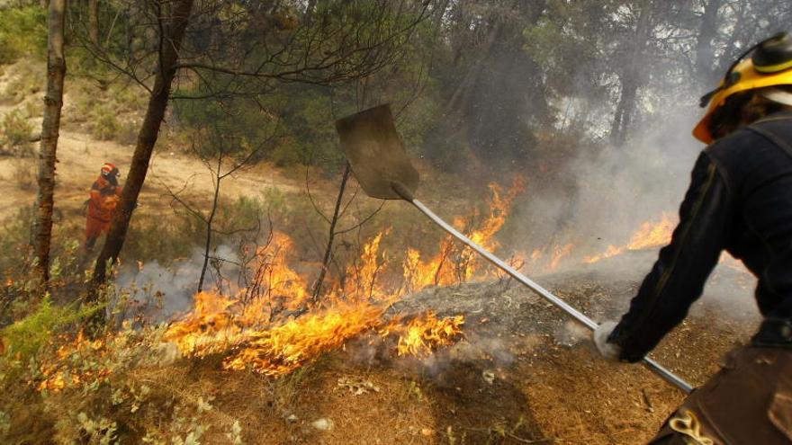 Un brigadista intenta apagar las llamas en el incendio en La Torre de les Maçanes