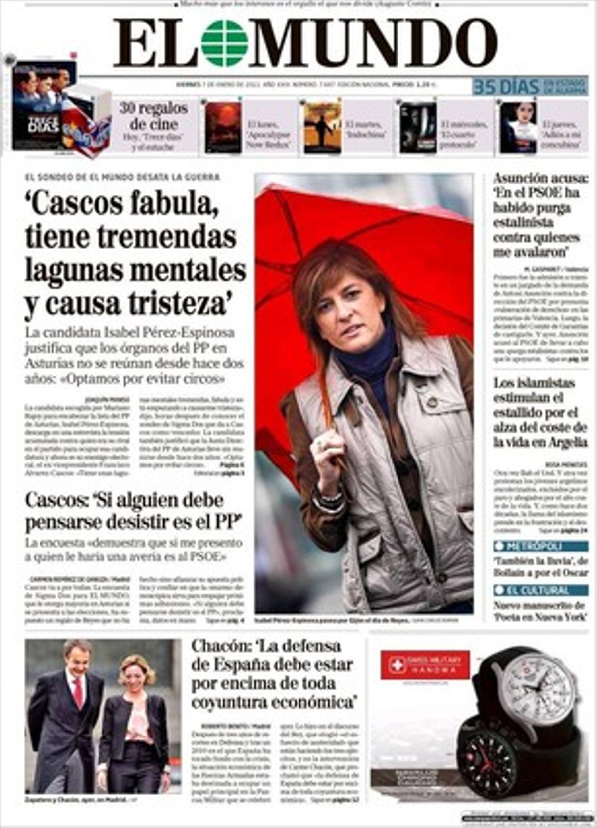 ’El Mundo’ ressalta a més que el Rei demana que les retallades no afectin l’operativitat de l’Exèrcit, que sindicats i associacions de consumidors de Catalunya s’uneixen per exigir una nova llei hipotecària que acabi amb l’onada de desnonaments; que els CAP autogestionats experimentals de la sanitat catalana estalvien un 28% en costos; que a l’Àrtic li falla el termòstat (10 graus per sobre de la mitjana i el fred es desplaça a Europa), i que la llei de morositat és un fracàs total: administracions i empreses paguen encara amb més retard.