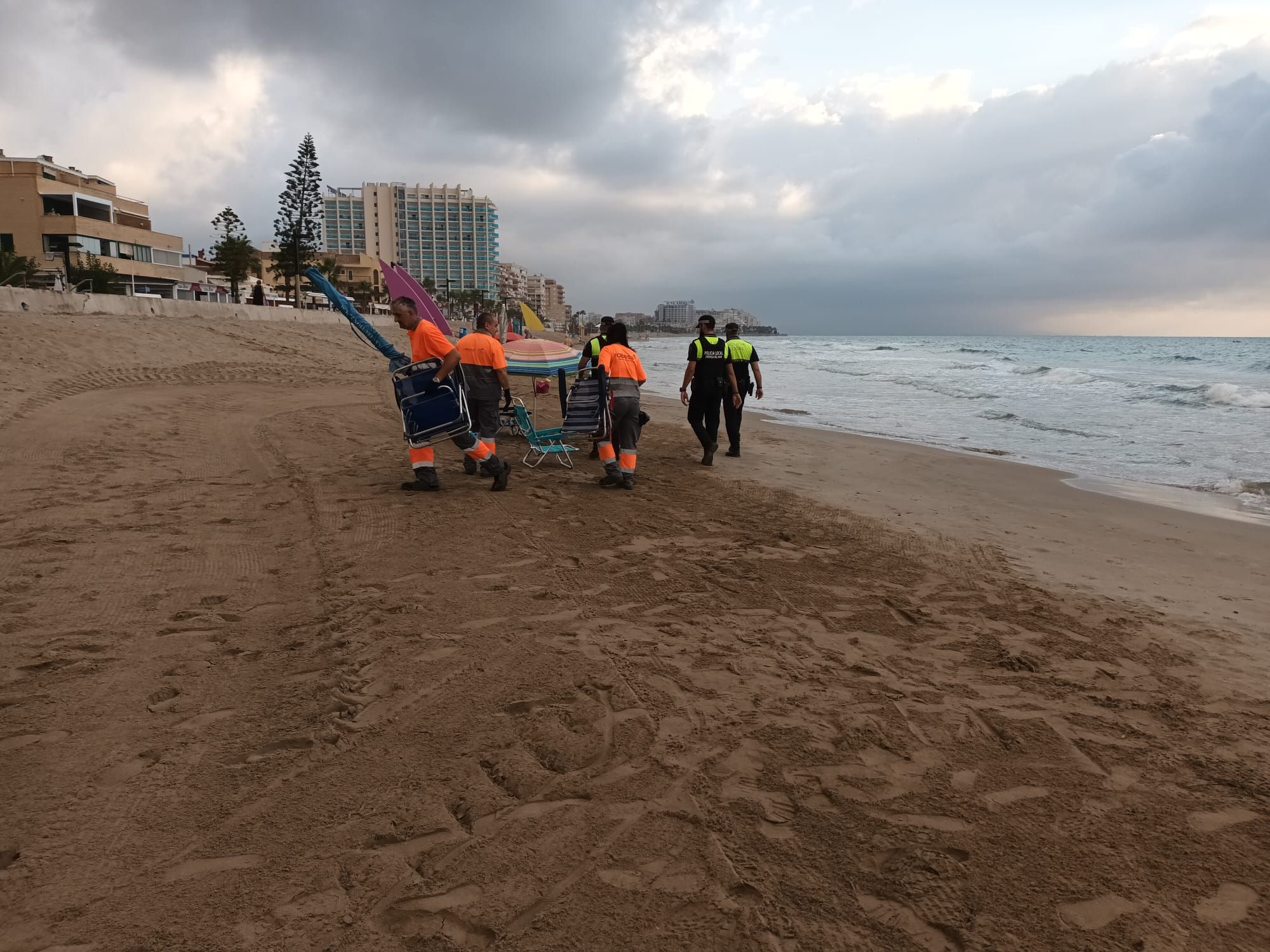 La recogida de enseres en la playa de Orpesa tras el incumplimiento de la ordenanza municipal al reservar los sitios en la primera línea.