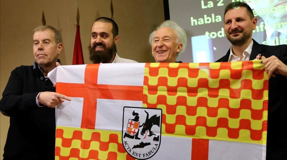 Los promotores de Tabarnia, con Albert Boadella como presidente en el exilio, este martes en Madrid. 