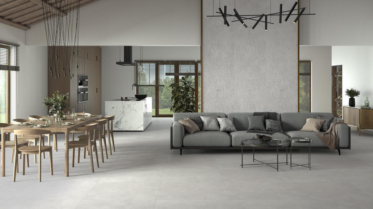 Ambiente diseñado con la nueva serie Stucco, de Tau Cerámica, una de las que la firma presenta en la actual edición de Cersaie.