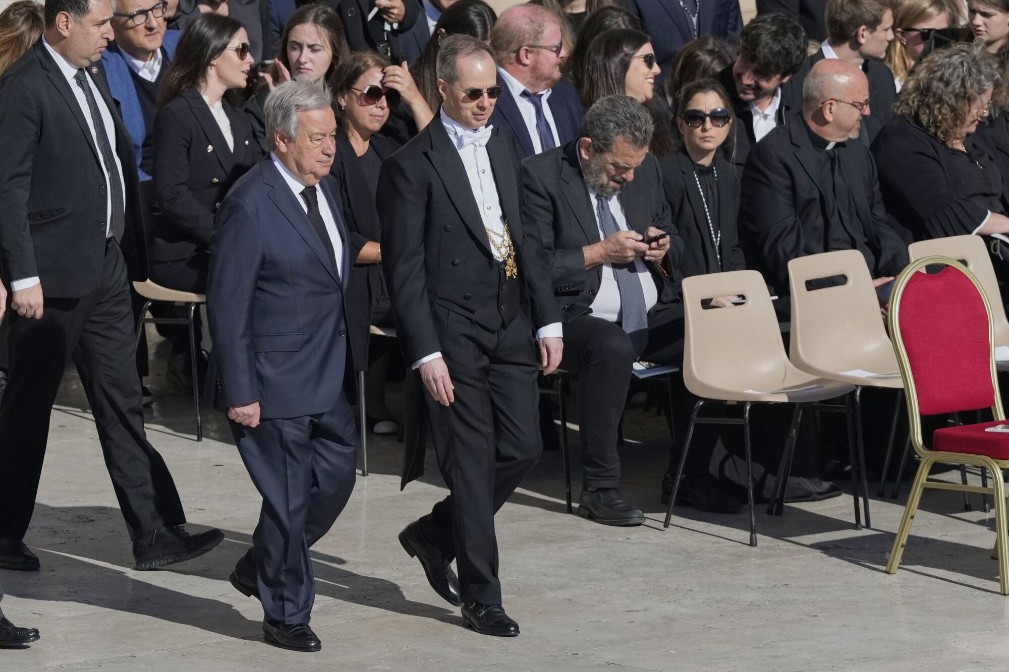 United Nations Secretary General Antonio Guterres, center left, arrives for the funeral of Pope Francis in St. Peter's Square at the Vatican, Saturday, April 26, 2025. (AP Photo/Gregorio Borgia). EDITORIAL USE ONLY/ONLY ITALY AND SPAIN