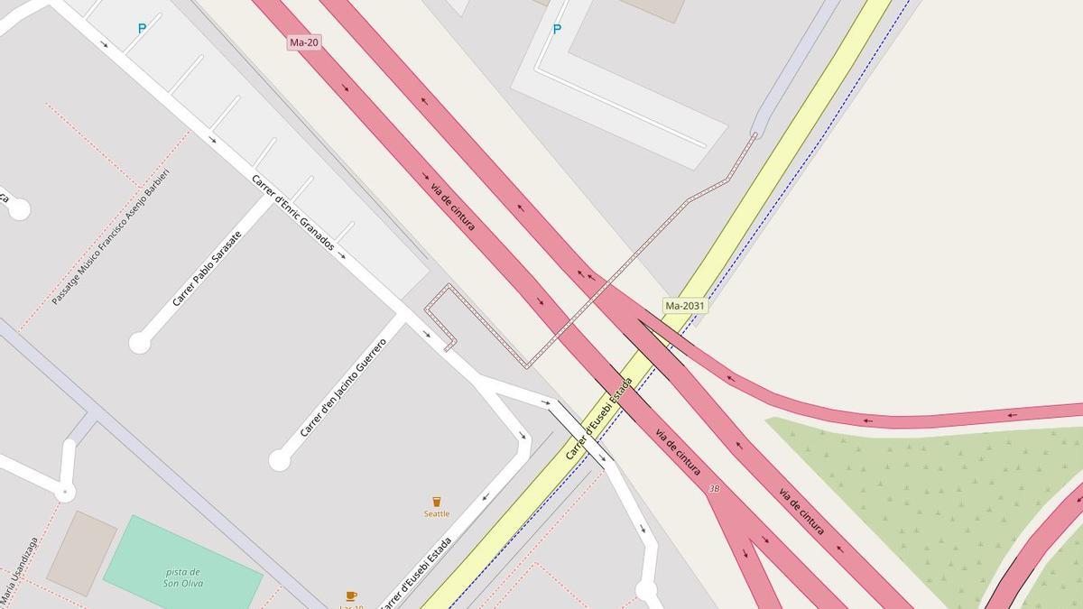 Die Fußgängerbrücke (rot gepunktet) führt über die Ringautobahn.