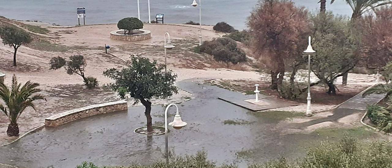 El parque que da acceso a la cala, situado junto a la estación de bombeo, anegado de fecales. | INFORMACIÓN