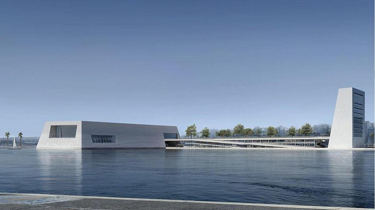 Propuesta ganadora del futuro palacio de congresos donde se aparecia la Torre Suma, a la derecha.