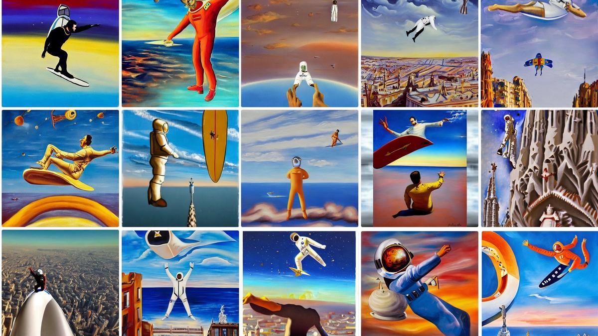 Lo que genera Stable Difussion cuando le pides: &quot;astronauta surfeando el cielo de Barcelona con el estilo de Salvador Dalí&quot;