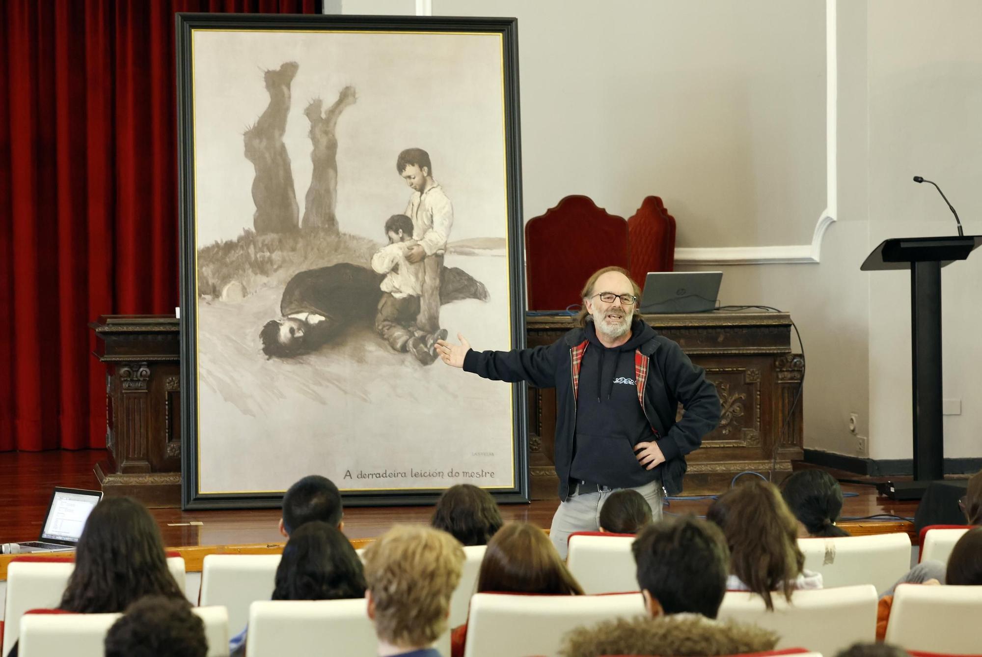 Xesús Ron de Chévere, co alumnado do IES Santa Irene de Vigo e o cadro de Castelao «A derradeira lección do mestre»