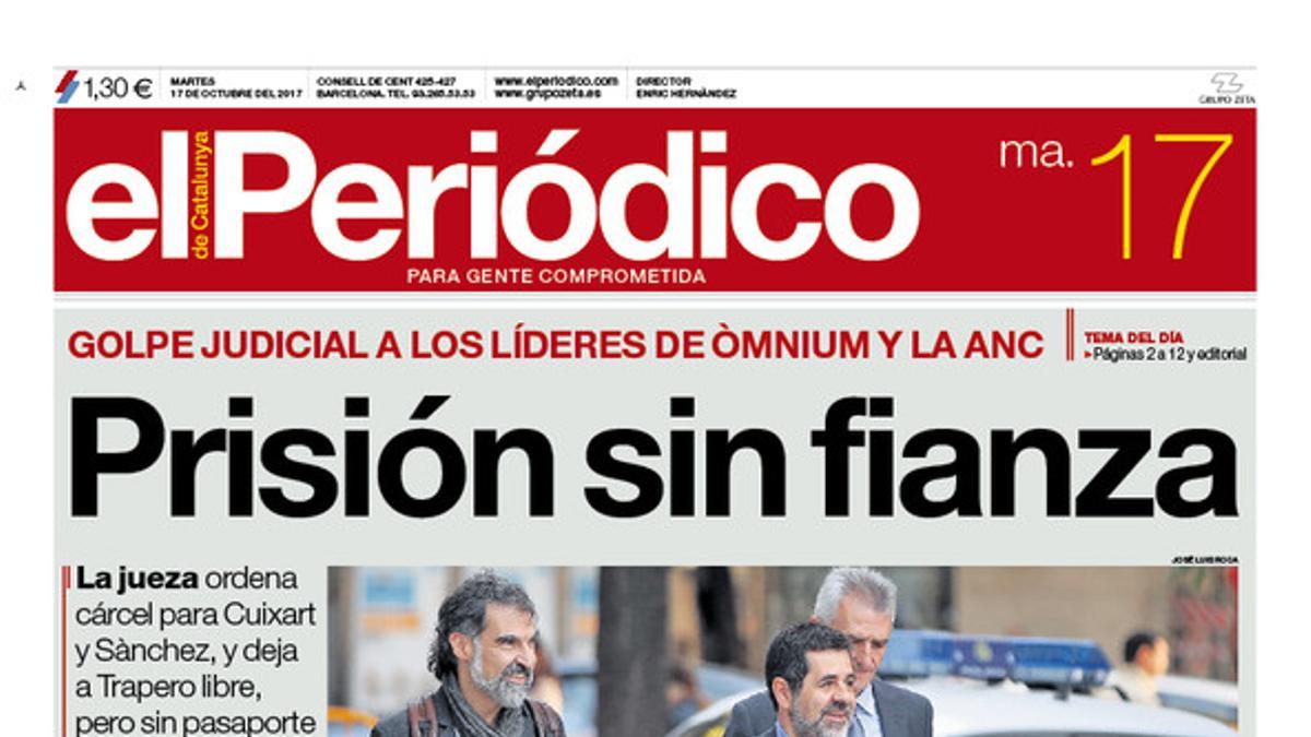 La portada de EL PERIÓDICO del 17 de octubre del 2017.