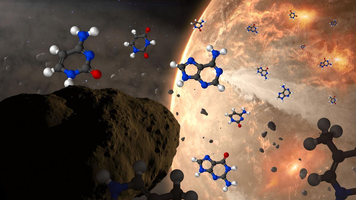 Creación artística de meteoroides entregando nucleobases a la Tierra antigua. Las nucleobases están representadas por diagramas estructurales con átomos de hidrógeno como esferas blancas, carbono como negro, nitrógeno como azul y oxígeno como rojo.