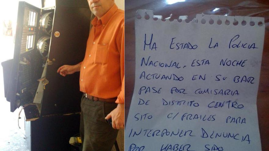 Eduardo Moreno, propietario del restaurante La Alegría del Barrio y la nota que encontró en su local.