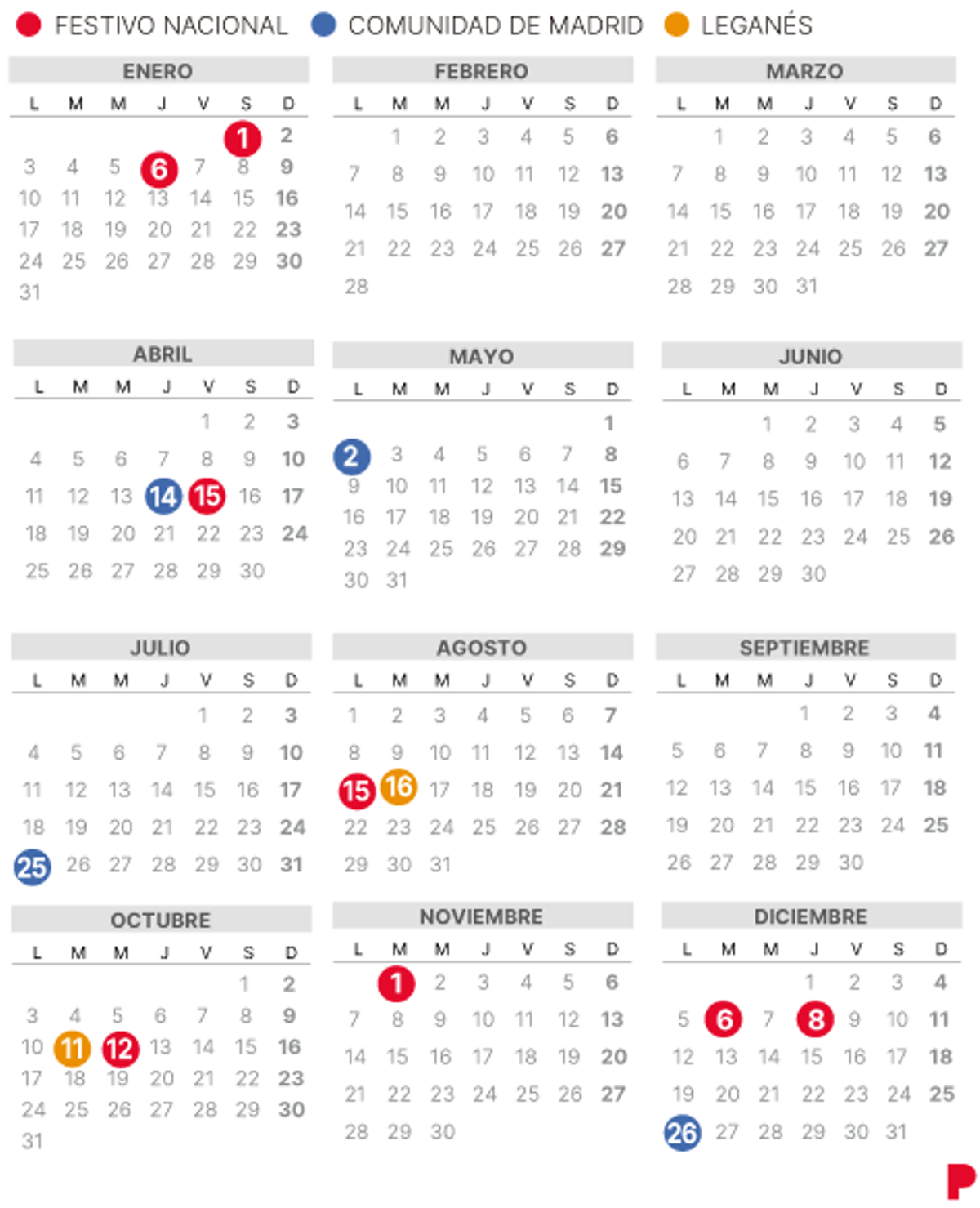 Calendario laboral de Leganés del 2022.
