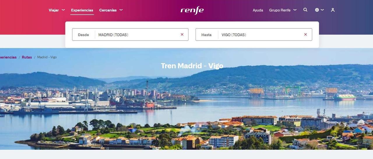 La página web de Renfe promociona los viajes a Vigo con una imagen de la ría de Ferrol.