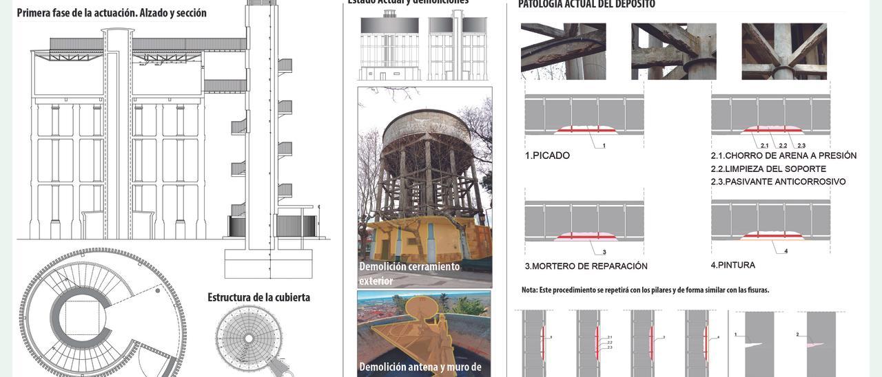 Los planos de la rehabilitación y construcción del núcleo de accesibilidad del depósito de agua de la Mota.