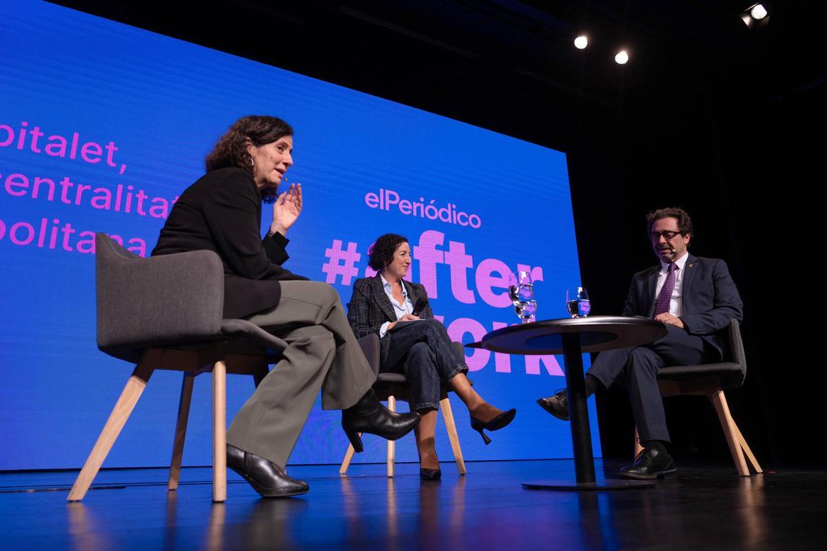 Gemma MartÃínez, la consellera Alícia Romero y el rector de la Universitat de Barcelona, Joan Guàrdi, durante la primera mesa del 'After Work' dedicado al centenario de L'Hospitalet de Llobregat.