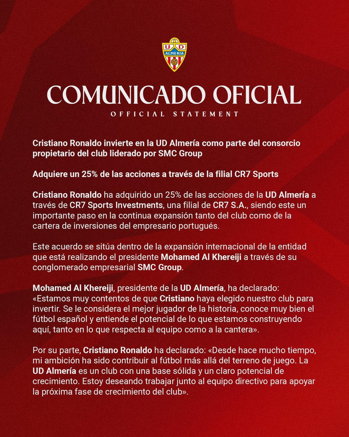 El anuncio de la entrada de Cristiano Ronaldo en el accionariado del Almería.