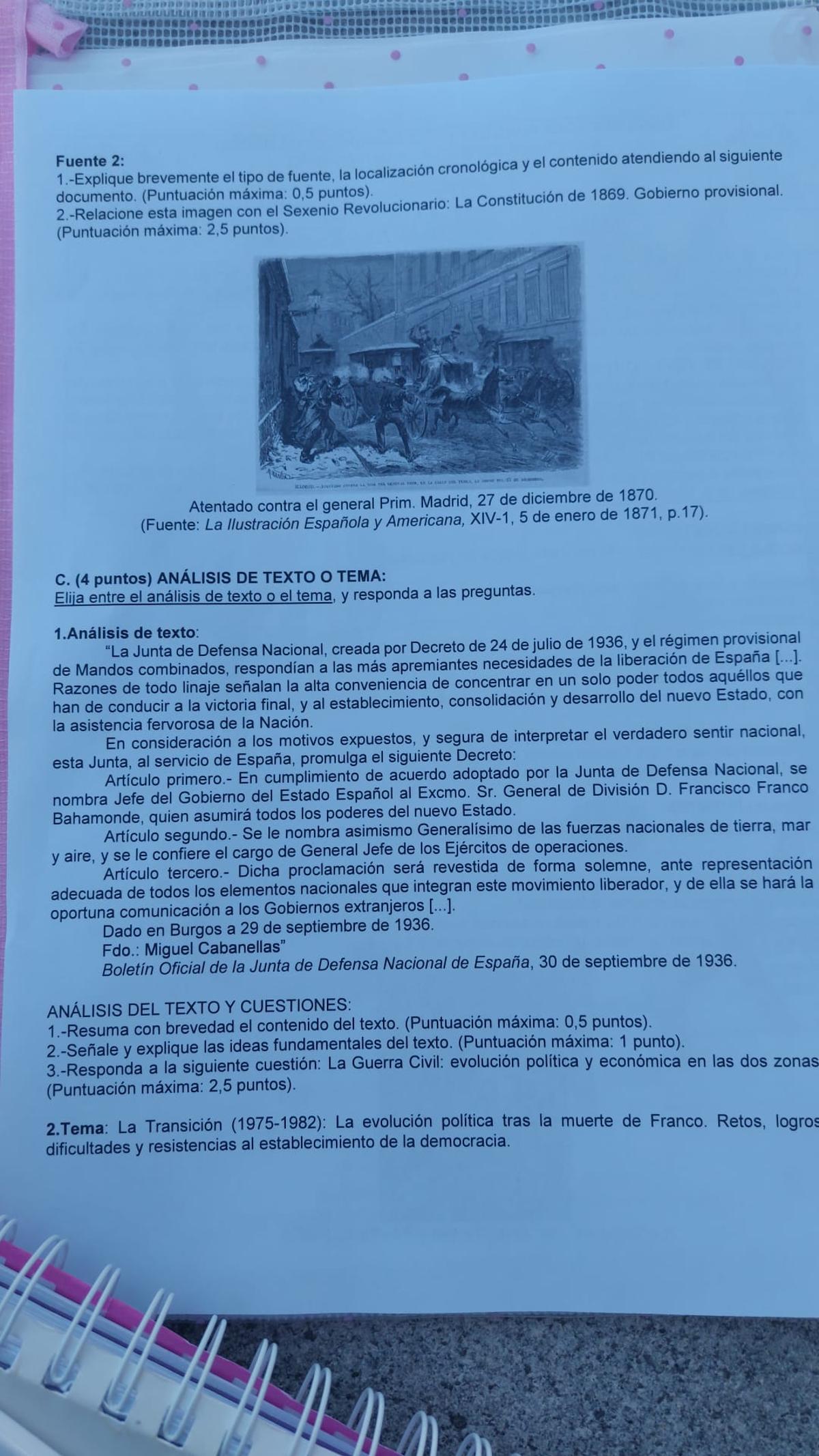 Examen de Historia de España de la PAU 2026 en Madrid.