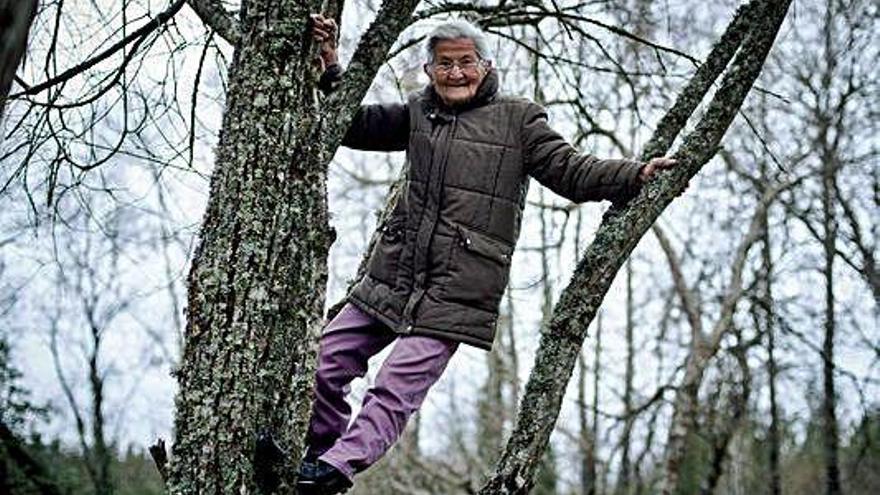 Benedicta Sánchez posa subida a un árbol, en O Corgo (Lugo).