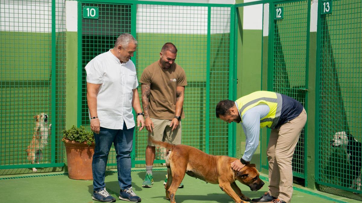 Yonathan de León (d) un trabajador y Jacobo Lemes, en el Centro de Protección Animal de Arrecife.