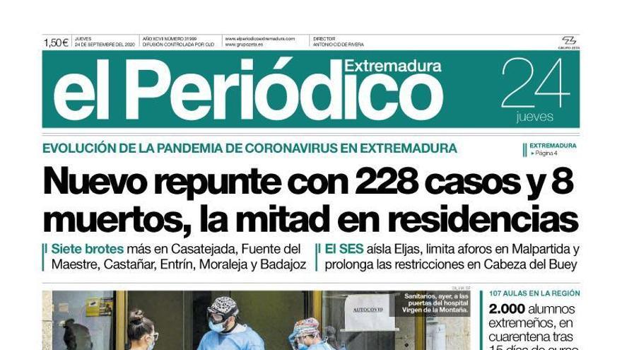 Esta es la portada de EL PERIÓDICO EXTREMADURA correspondiente al día 24 de septiembre del 2020