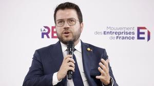 Paris (France), 30/08/2022.- Catalan regional President Pere Aragones addresses during debate on Independence and Autonomy at the Medef Summer Conference, La REF 2022, at the Hippodrome de Longchamp racetrack in Paris, France, 30 August 2022. (Francia, Roma) EFE/EPA/YOAN VALAT