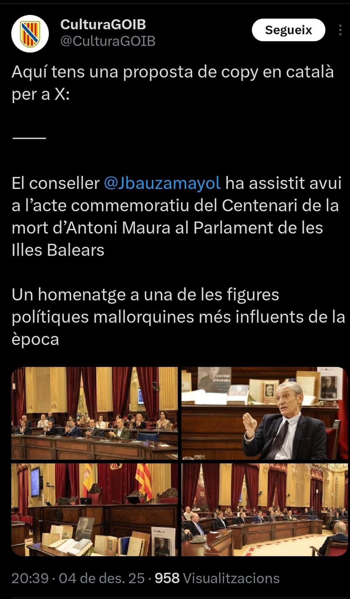 Captura del tuit publicado por la conselleria de Cultura