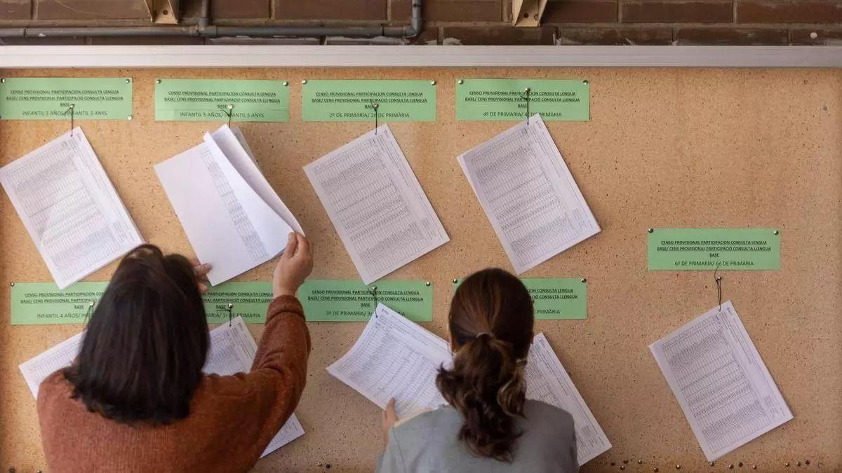 Varias docentes cuelgan el censo de alumnado antes de la consulta de lengua en un centro.