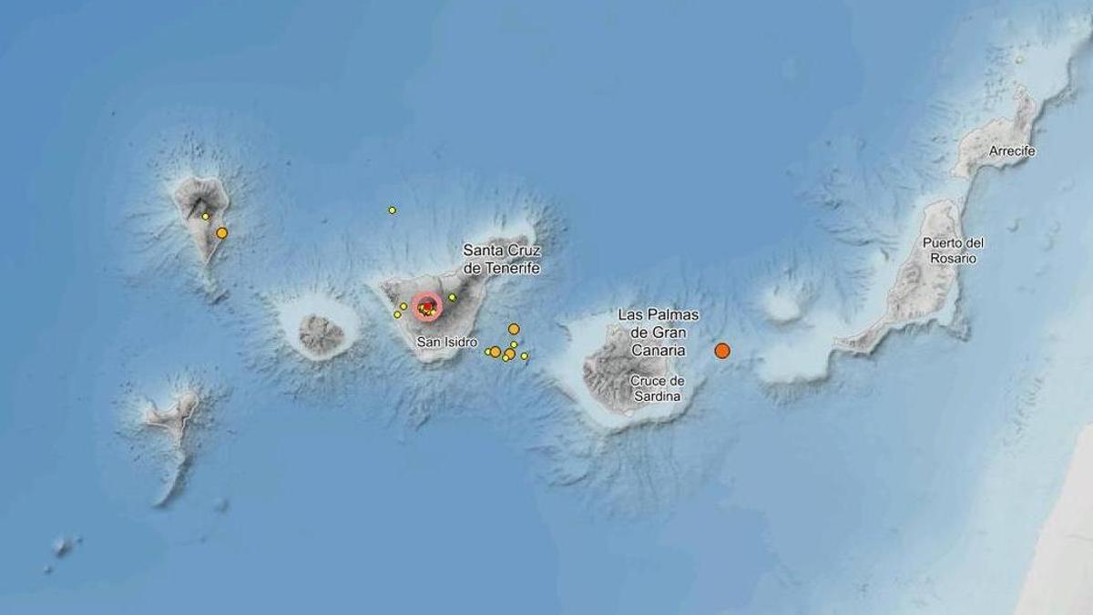 Mapa con los registros de los terremotos en Canarias de los últimos días.