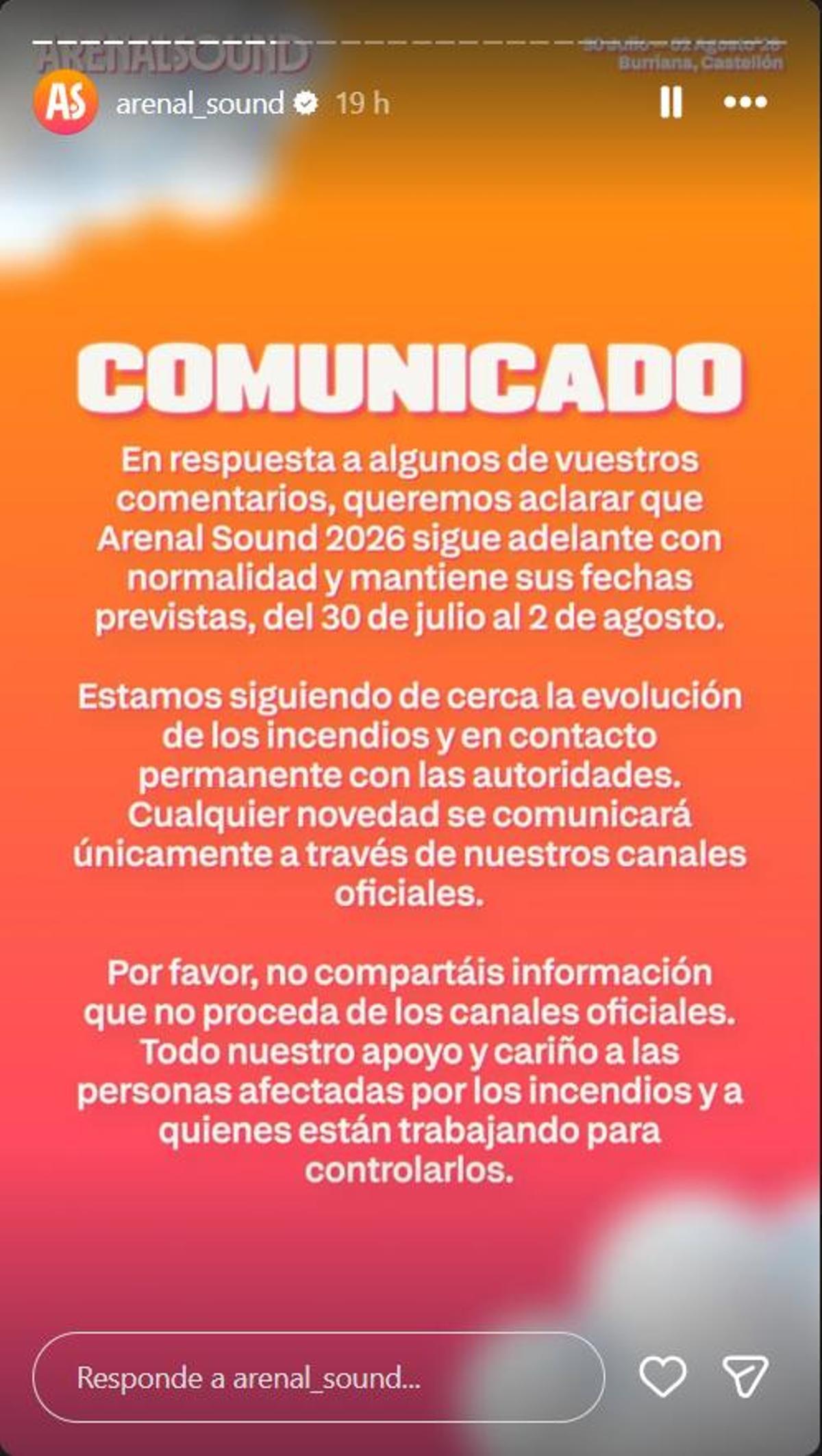 Comunicado del Arenal Sound sobre el incendio de la Vall d'Uixó.