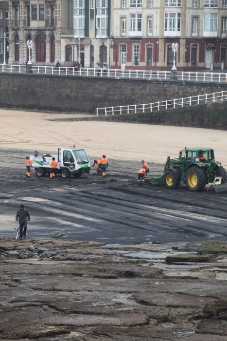 Limpieza de carbón en la playa de San Lorenzo