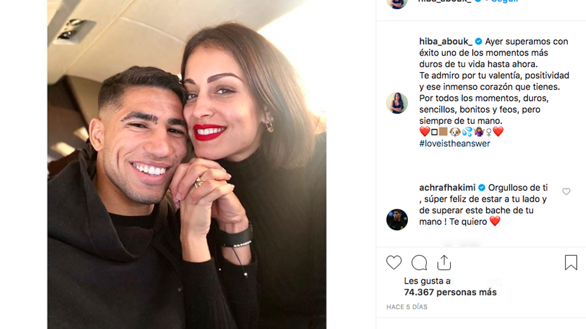 Publicación de Hiba Abouk y la respuesta de su novio, Achraf Hakimi