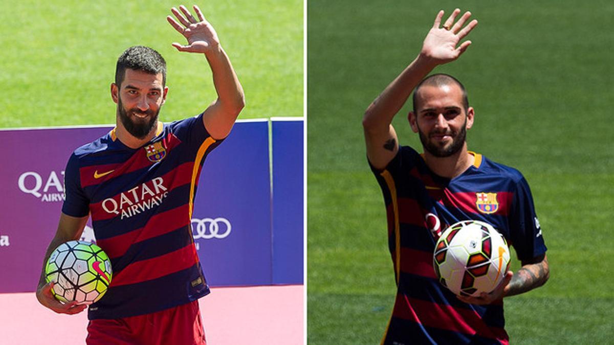 Arda Turan y Aleix Vidal, durante sus respectivas presentaciones como nuevos jugadores del Barça