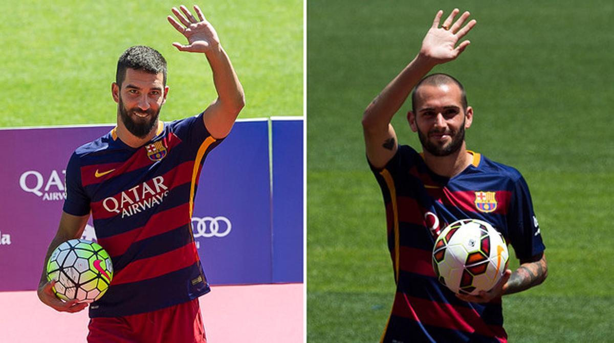 Arda Turan i Aleix Vidal, durant les seves respectives presentacions com a nous jugadors del Barça.