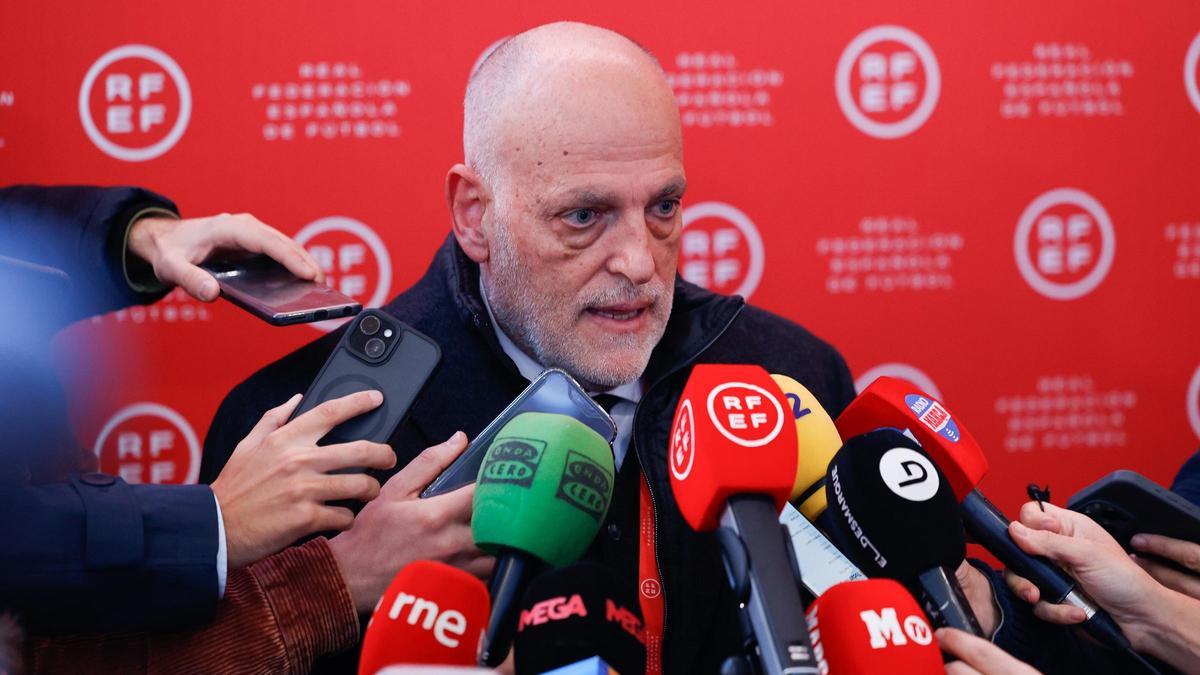 Javier Tebas, President of LaLiga, attends the General Assembly for the elections to the Presidency and the Delegated Commission of the RFEF at Ciudad del Futbol on December 16, 2024, in Las Rozas, Madrid, Spain.