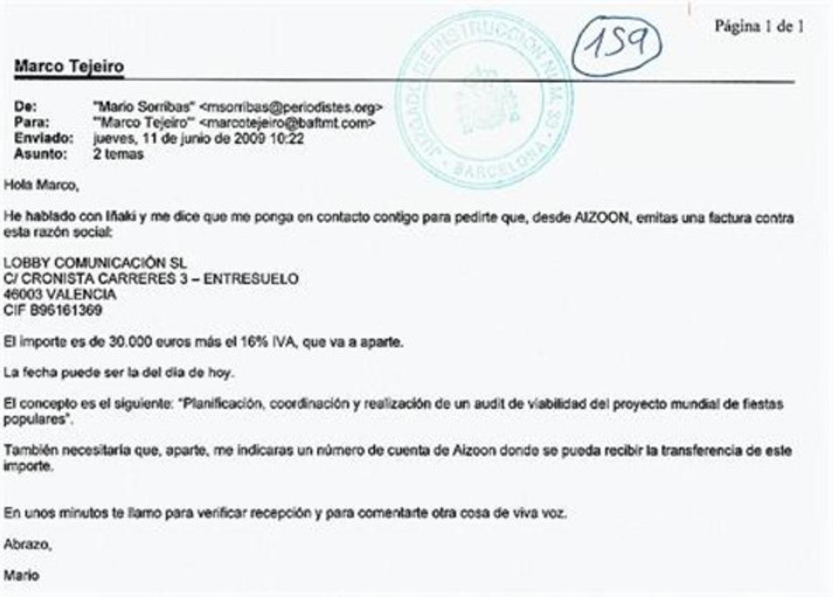 «I EM DIU QUE...» 3 ’E-mail’ en què l’apoderat d’Aizoon demana que s’emeti una factura des d’aquesta firma. «I EM DIU QUE...» 3 ’E-mail’ en què l’apoderat d’Aizoon demana que s’emeti una factura des d’aquesta firma.