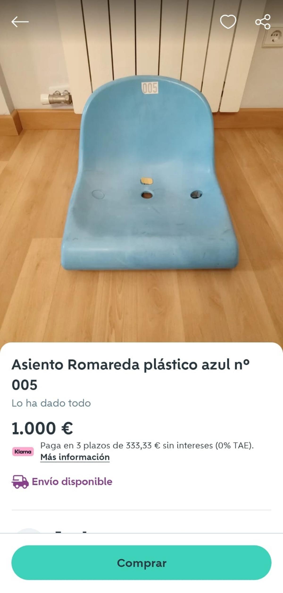 Anuncio de un asiento que se ha retirado de Wallapop.