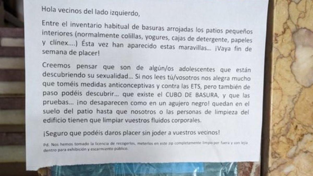 Un vecino se queja de lo que tiran al patio y aporta pruebas: &quot;¡Seguro que podéis daros placer sin joder!”