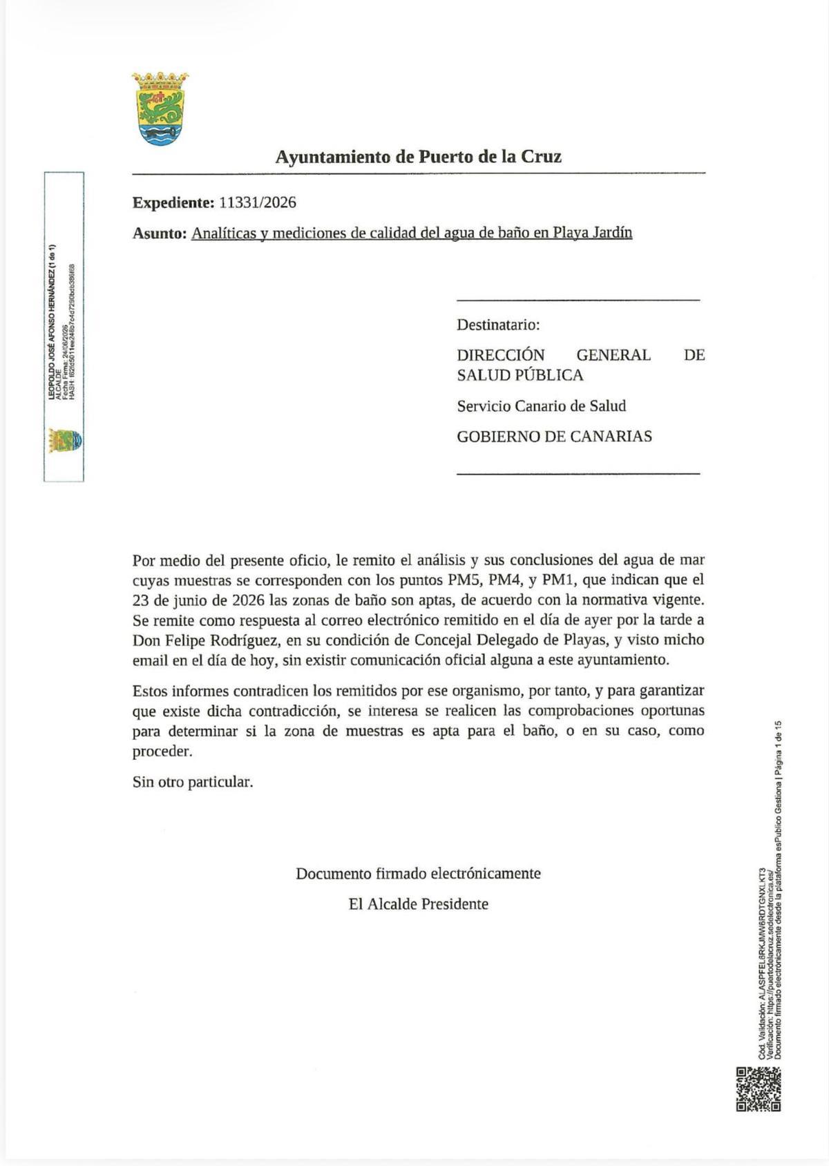 Oficio enviado por el alcalde de Puerto de la Cruz, Leopoldo Afonso, a Salud Pública sobre el episodio de contaminación del 22 al 23 de junio.