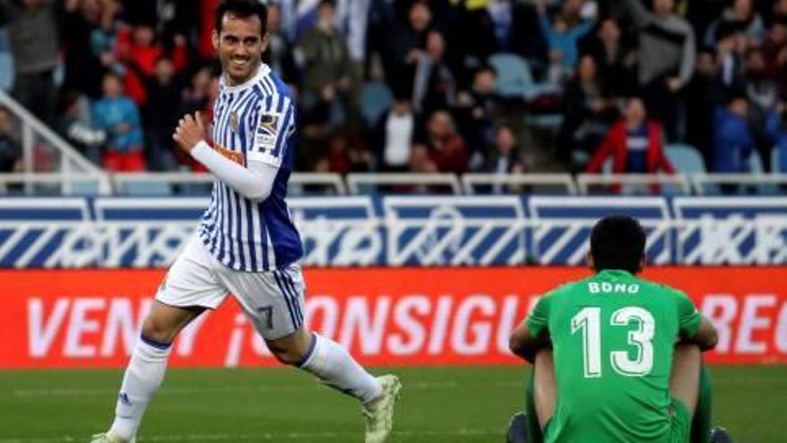 Juanmi celebra el cinquè gol de la Reial Societat.