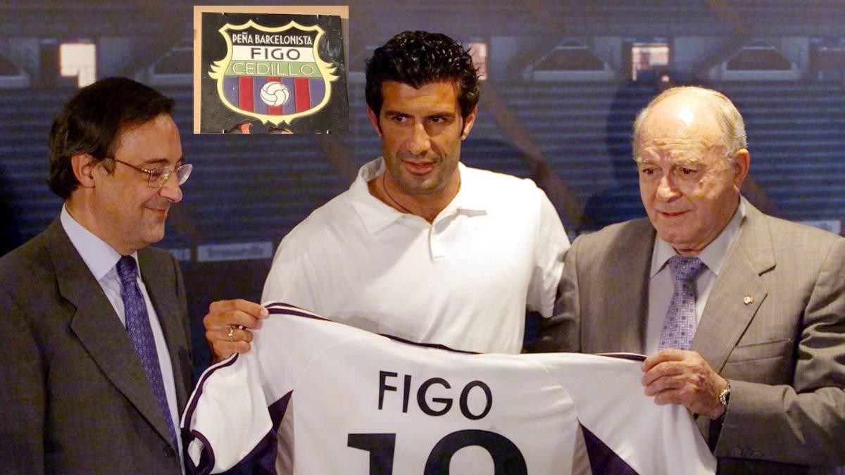 Figo junto a Florentino Pérez en su presentación con el Real Madrid