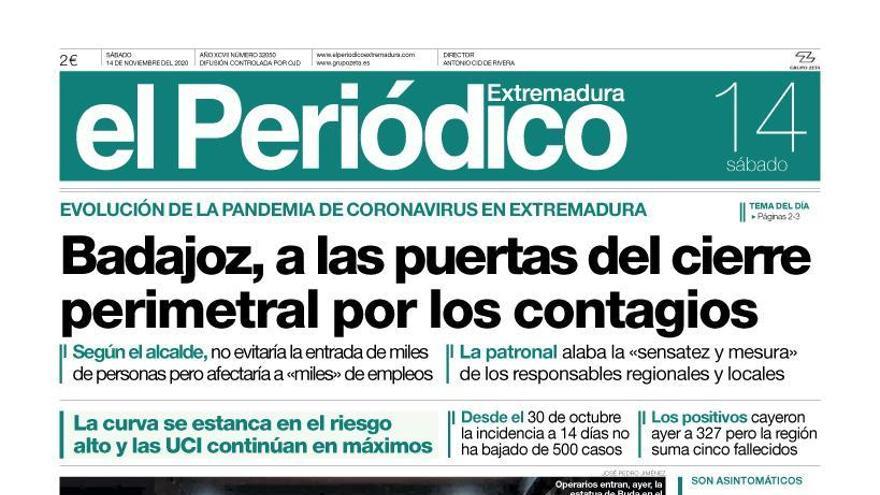 Esta es la portada de EL PERIÓDICO EXTREMADURA correspondiente al día 14 de noviembre del 2020