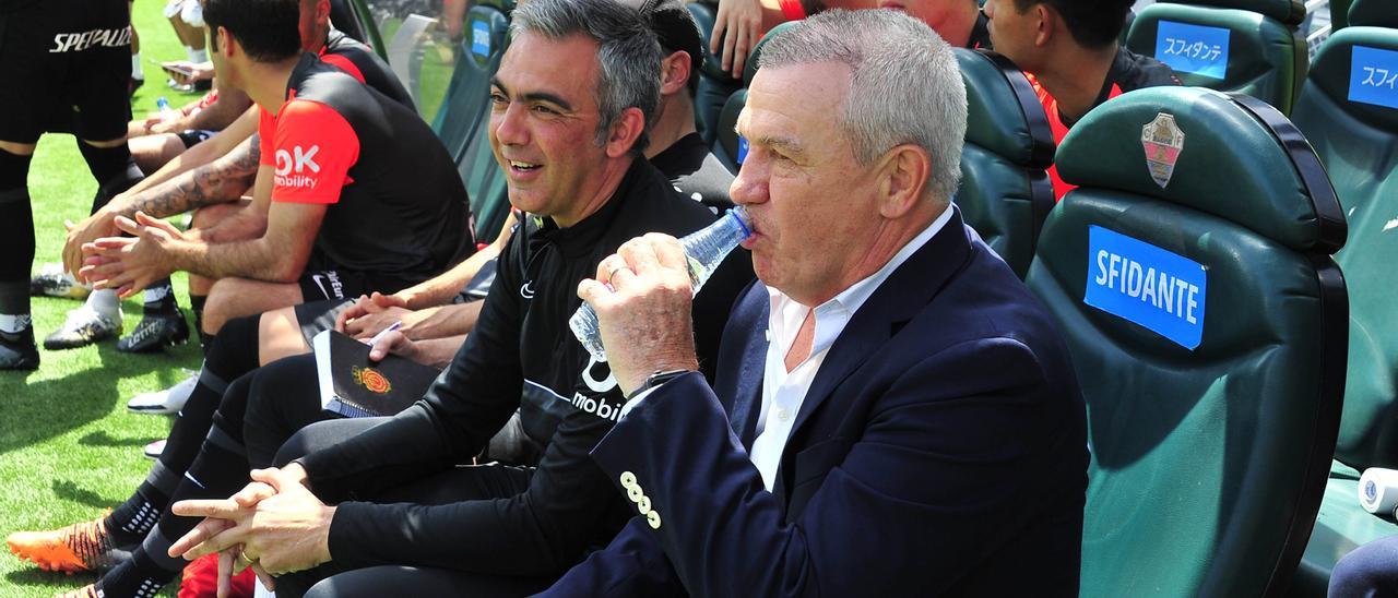 Javier Aguirre, junto a Toni Amor, bebe agua antes del partido entre el Elche y el Mallorca.